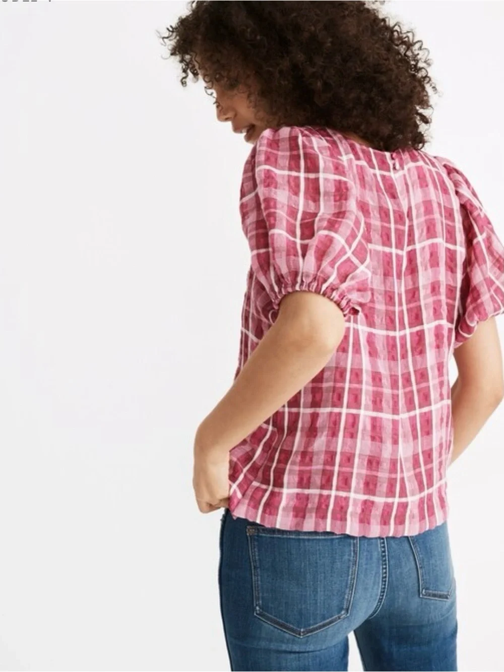Madewell Pink Plaid Puff-Sleeve Blouse